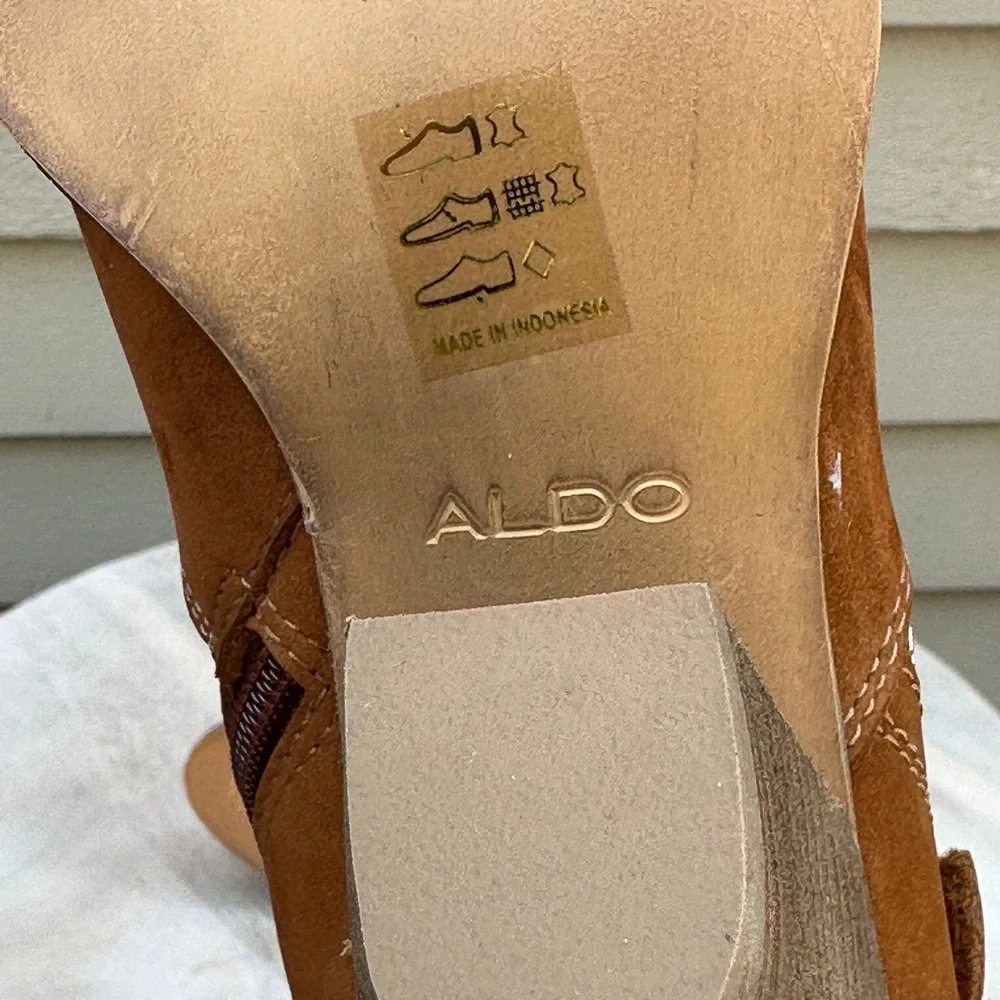 Aldo Olenalla Cognac Brown Leather Ankle Boots Block Heel Gold Zip Women 8.5 39 - Picture 12 of 14